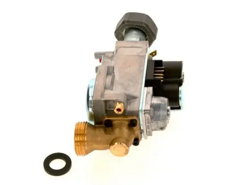 Gasarmatur von Bosch, aus Metall mit verschiedenen Anschlüssen, inkl. Dichtung. Auf der Seite sind elektrische Anschlüsse sichtbar.